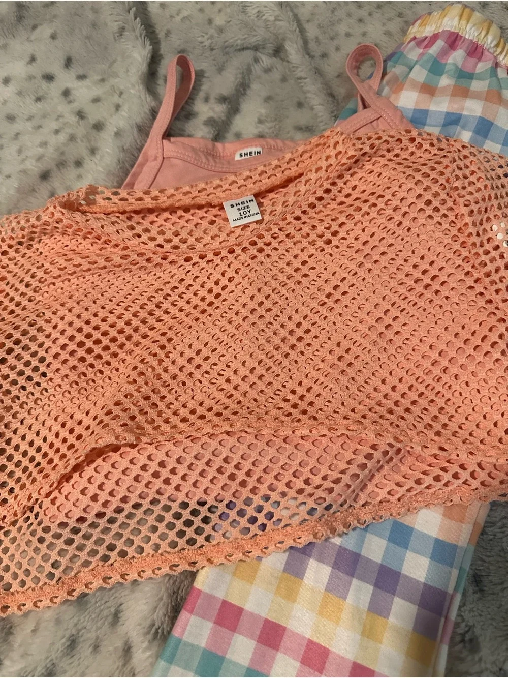 SHEIN Peach Crochet Mesh Top With Multi Colored Pants